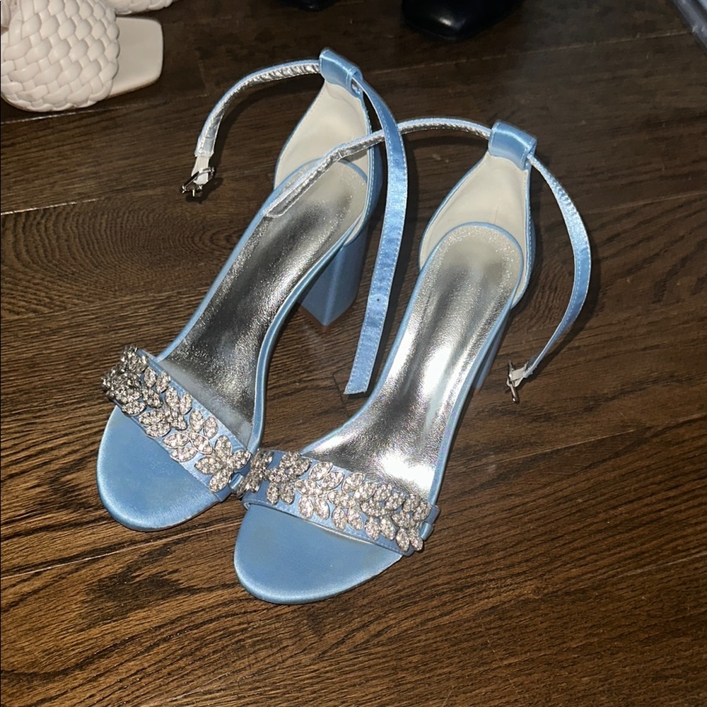Elegant Blue Satin Heels with Silver Accents